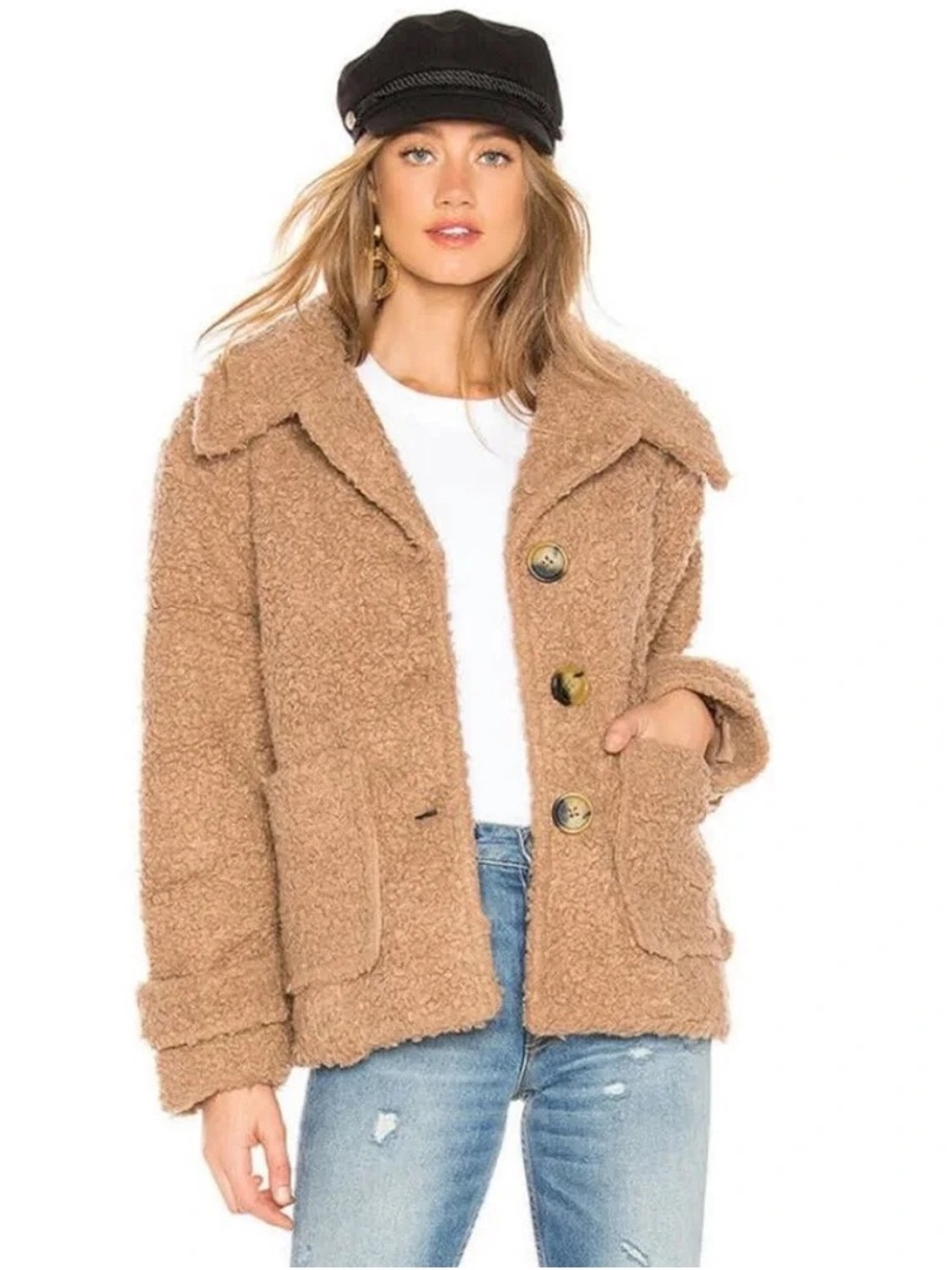Free People So Soft Cozy Peacoat Teddy Sherpa Coat in Camel brown size medium